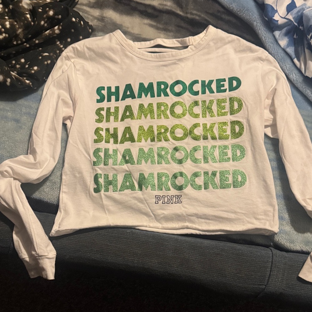 St Patricks DayPINK Victoria's Secret White and Green Shamrocked Long Sleeve Tee